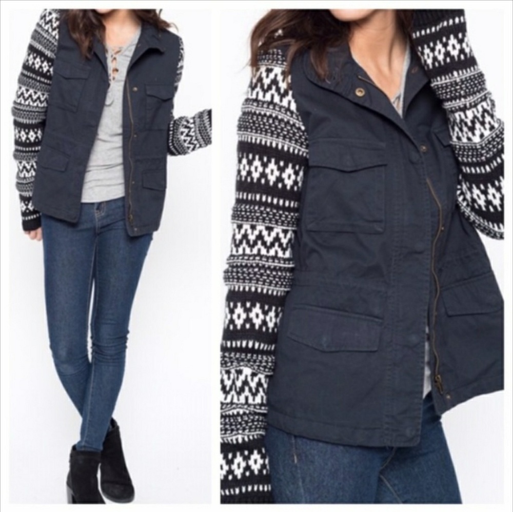 Love Tree Utility Jacket with Black & White Patterned Knit Sleeves